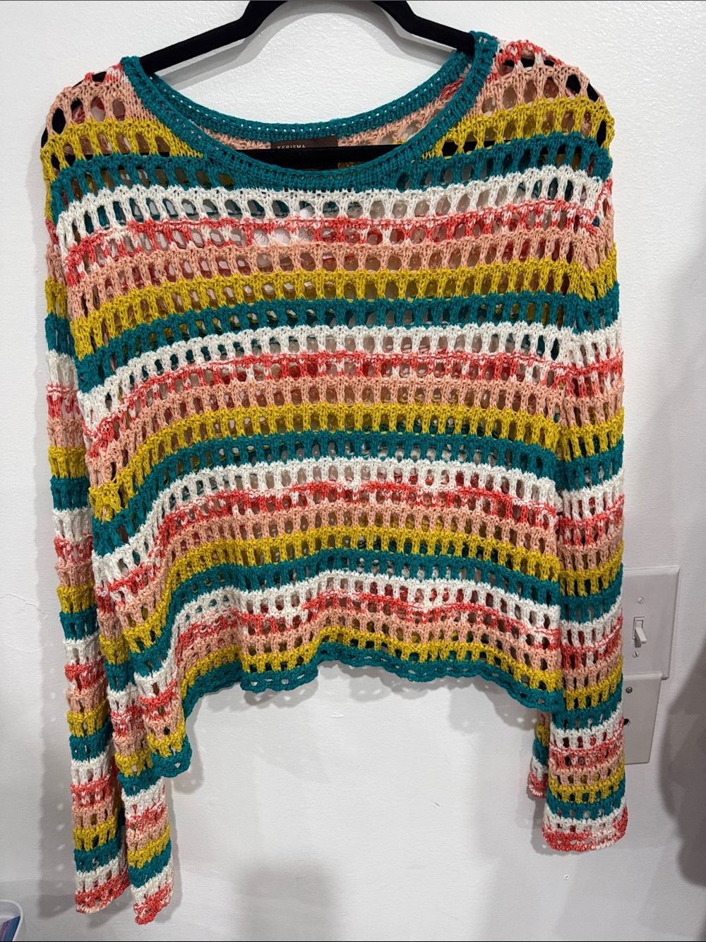 Kerisma Open-Knit Striped Crochet Sweater in Teal, Mustard, Coral, Blush & Cream